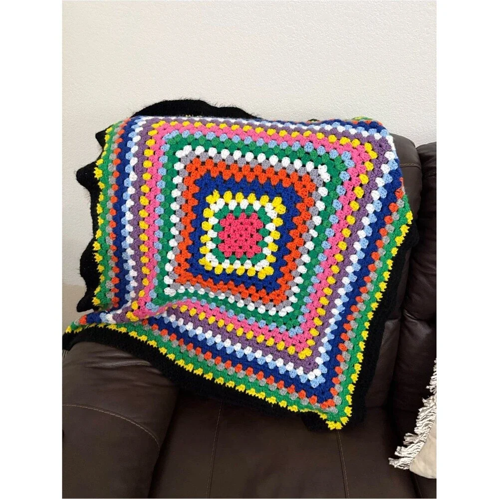 Handmade Crochet Granny Square Blanket Multicolor Throw Afghan 40x38 Boho